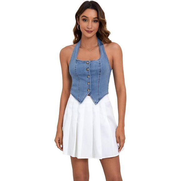 Women's Denim Crop Top Halter Button Front Stretchy Fitted Casual - Picture 2 of 5